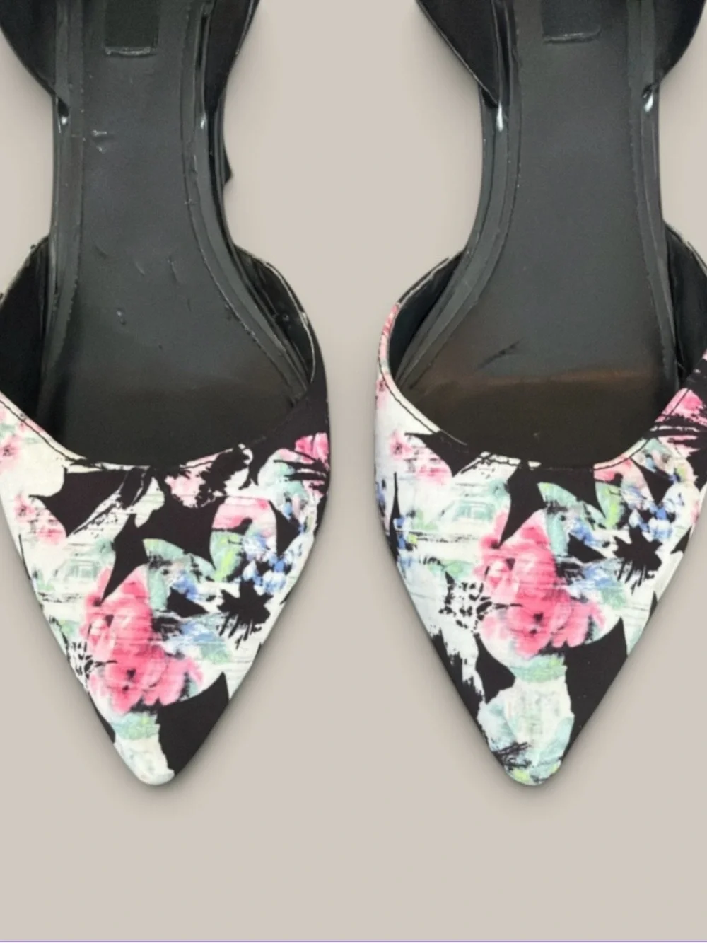 White House Black Market Black Floral Pointed Slingback Heels